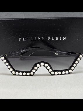 Philipp Plein Black Shield Sunglasses with Crystal Studs